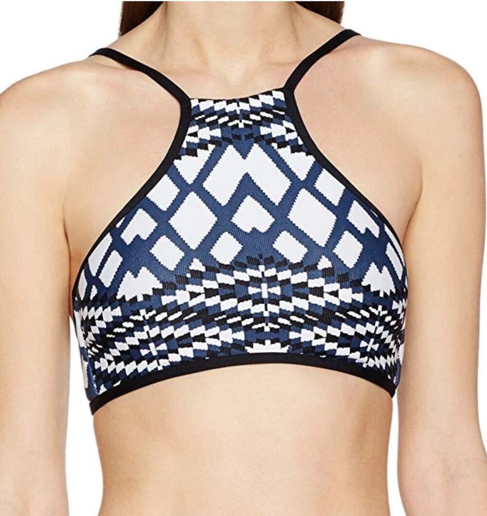 Seafolly Modern Tribe High Neck Bikini Top, Geometric Print, Blue Steel, Size 10